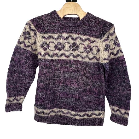 Vintage Fair Isle Nordic Wool Blend Purple Cream Knitted Crew Neck Sweater Lg - Picture 4 of 4